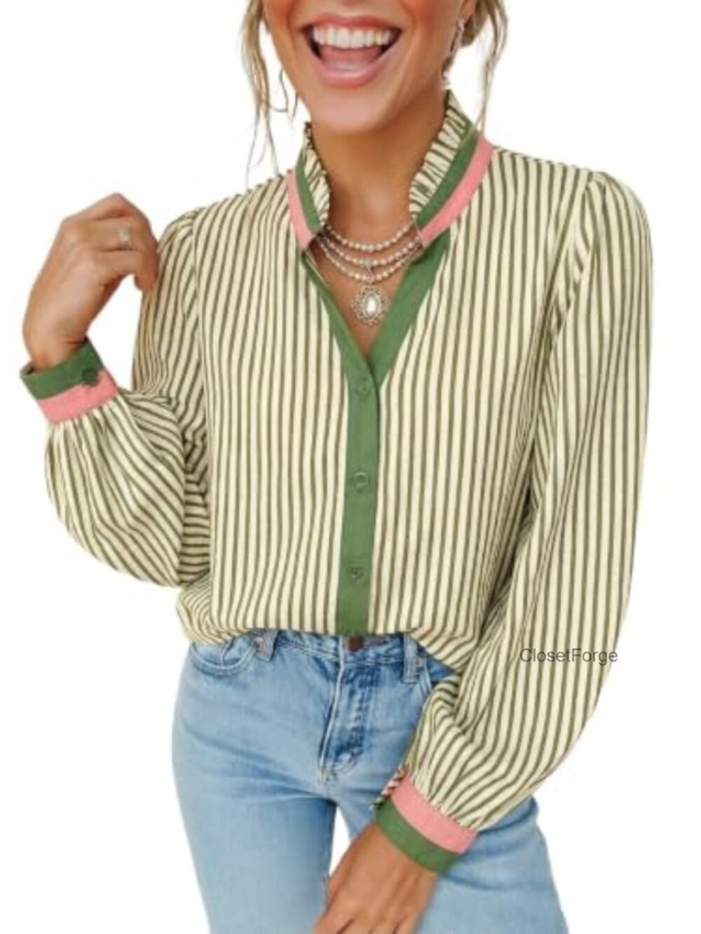 Womens Striped Button Down Shirt Long Sleeve V Neck Cotton Blouse